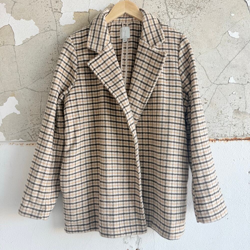 Joie Plaid‎ Coat Checkered Fleece Jacket Womens L Preppy Neutral Minimalist